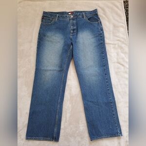 Y2K Baggy Jeans Mens 40x32 Tommy Hilfiger Patch Spellout Straight Blue